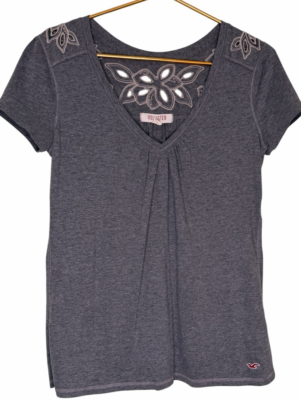 Vintage Y2K Hollister Heather Gray V-Neck Tee with Floral Cut Outs